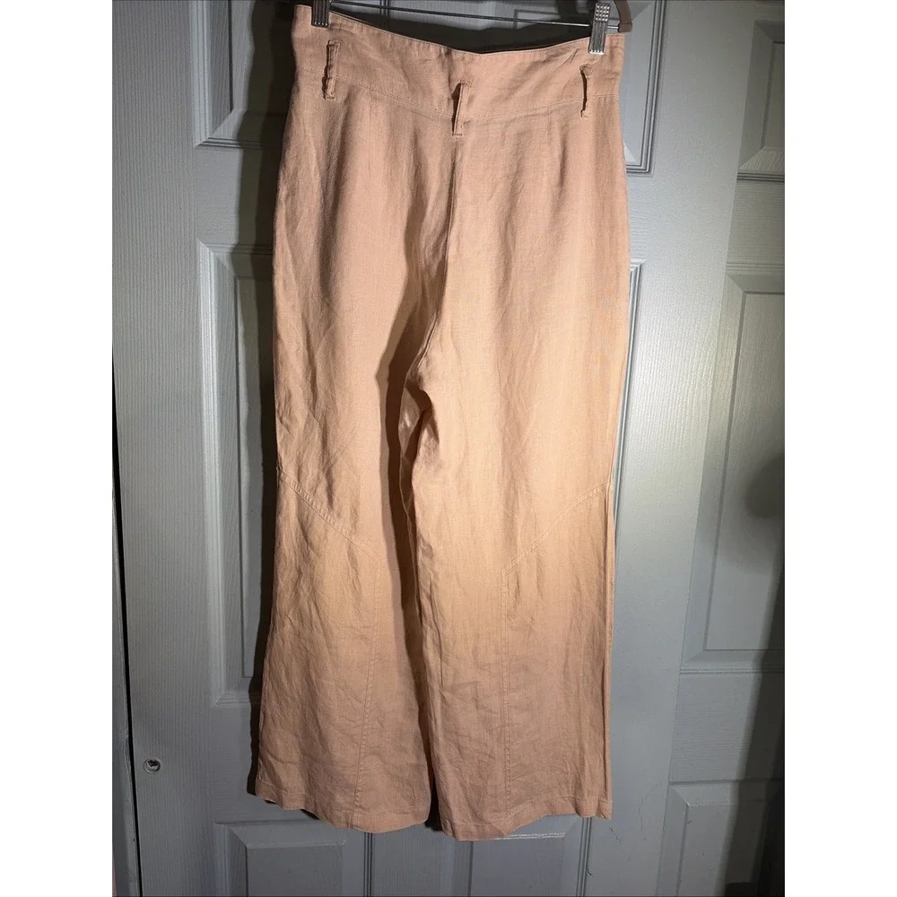 Nicole Miller High Rise Wide Leg 100% Linen Cropped Pants Sz 2. Khaki.